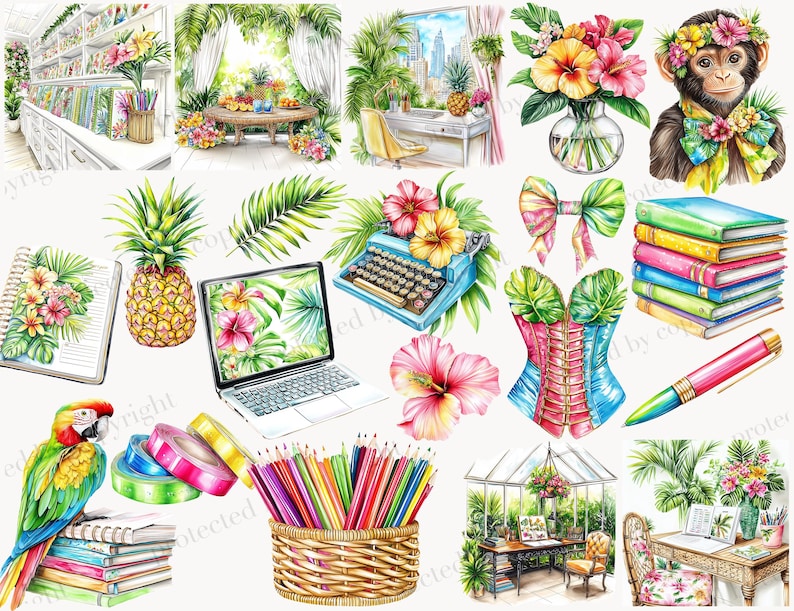 May include: A collection of watercolour illustrations featuring tropical elements. Includes a pineapple, parrot, monkey, flowers, books, a laptop, a typewriter, a corset, a pen, coloured pencils, and tape. The colour scheme is vibrant with greens, pinks, yellows, and blues.