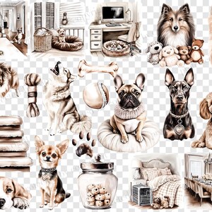 May include: Watercolor illustrations of various dog breeds, including a Sheltie, Pomeranian, and French Bulldog. The image also features dog beds, toys, and a jar of treats. The overall theme is pet-related.