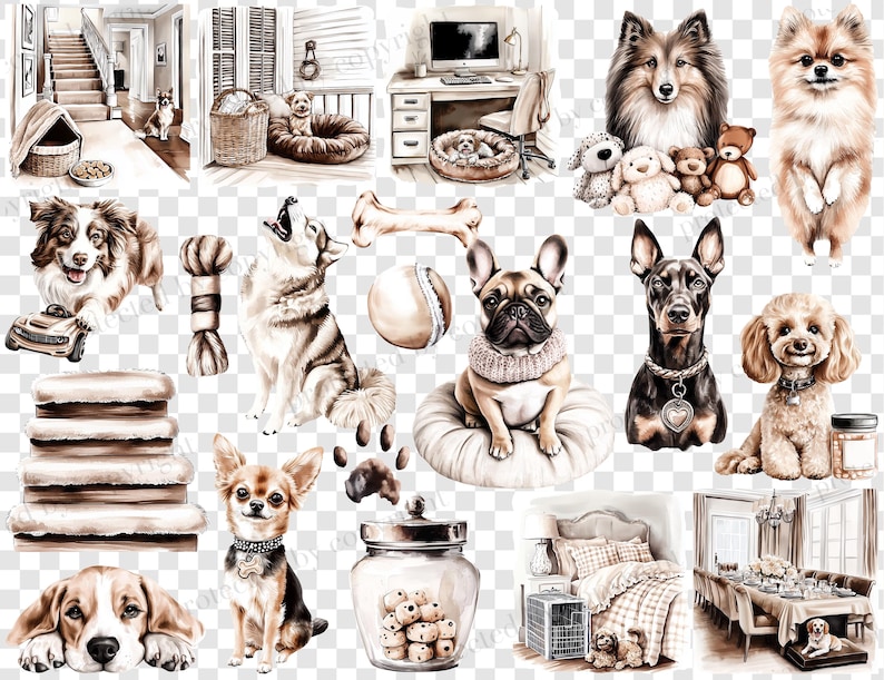May include: Watercolor illustrations of various dog breeds, including a Sheltie, Pomeranian, and French Bulldog. The image also features dog beds, toys, and a jar of treats. The overall theme is pet-related.