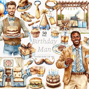Man verjaardag clipart echtgenoot verjaardag clipart verjaardagsfeestje illustraties Gentleman verjaardag clipart papa mannelijke viering PNG bundel voor kaart