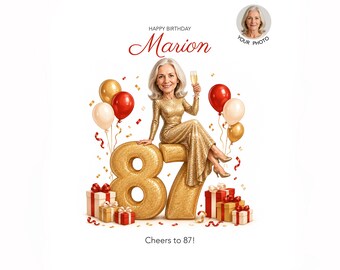 87th Birthday Caricature for Woman — Personalized Cartoon Portrait, Digital Download
