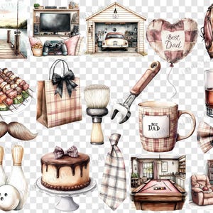 May include: Watercolor illustrations of Father's Day themed items. Includes a heart-shaped balloon with "Best Dad" text, a baseball glove, a mug with "Best Dad" text, a bow tie, a tie, a cake, and other items.