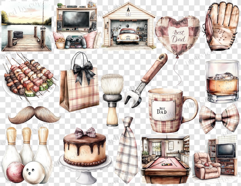 May include: Watercolor illustrations of Father's Day themed items. Includes a heart-shaped balloon with "Best Dad" text, a baseball glove, a mug with "Best Dad" text, a bow tie, a tie, a cake, and other items.