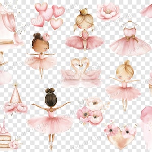 Op de afbeelding: Een set roze en gouden aquarel illustraties met een ballerina, een zwaan, een cupcake, een taart, een hart, een tent en een bloemenboeket. De illustraties zijn perfect voor een babyshower, verjaardagsfeestje of kinderkamerdecoratie.