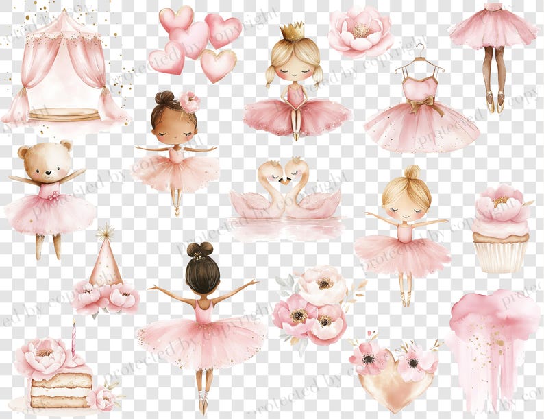 Op de afbeelding: Een set roze en gouden aquarel illustraties met een ballerina, een zwaan, een cupcake, een taart, een hart, een tent en een bloemenboeket. De illustraties zijn perfect voor een babyshower, verjaardagsfeestje of kinderkamerdecoratie.