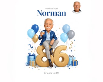 86th Birthday Caricature for Him — Personalized Cartoon Portrait, Digital Download