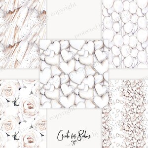 May include: A set of four digital paper patterns featuring delicate white designs on a white background. The patterns include hearts, balloons, roses, and confetti.