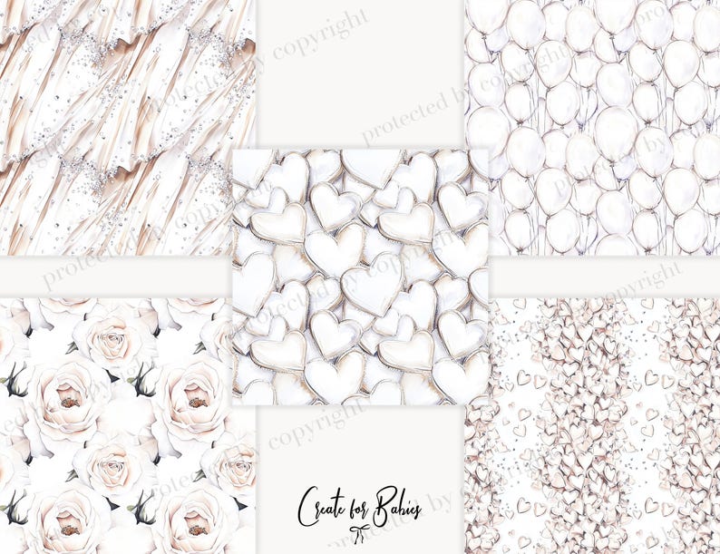 May include: A set of four digital paper patterns featuring delicate white designs on a white background. The patterns include hearts, balloons, roses, and confetti.