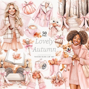 Colección de imágenes prediseñadas de otoño rosa, coqueta, otoño, PNG, bonitos gráficos de temporada, otoño suave, niña, calabaza, elementos digitales, clipart, descarga instantánea