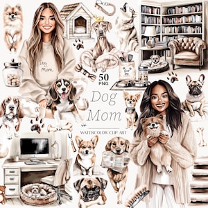 May include: Watercolor clip art featuring various dog breeds, a woman, and dog-related accessories. The phrase "Dog Mom" is visible. The artwork includes a desk, dog beds, and a bookshelf, all in a warm color palette.