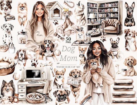 Dog Mom Clipart Set: 50 Dog Breeds PNG Graphics (Digital Download)