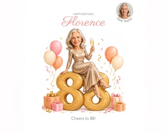 Custom 88th Birthday Caricature for Her — Personalized Cartoon Portrait, Digital Download