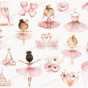 Op de afbeelding: Een digitale illustratie van een roze en gouden ballerina-themafeest met een verscheidenheid aan elementen, waaronder een roze tent, een roze taart, een roze tutu, een roze bloem, een roze zwaan en een roze hart.