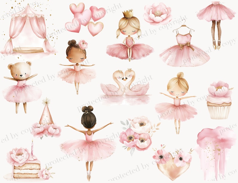 Op de afbeelding: Een digitale illustratie van een roze en gouden ballerina-themafeest met een verscheidenheid aan elementen, waaronder een roze tent, een roze taart, een roze tutu, een roze bloem, een roze zwaan en een roze hart.