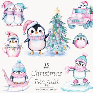 Imágenes prediseñadas de pingüinos navideños, imágenes prediseñadas de pingüinos lindos de invierno, animales de invierno png, imagen de pingüino de vacaciones, diseños festivos de Navidad, descarga instantánea