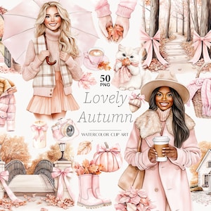 May include: A watercolour clip art set with a lovely autumn theme. The image features illustrations of women, a cat, a squirrel, and various autumn-themed objects in shades of pink, beige, and brown. Text on the image reads "Lovely Autumn".
