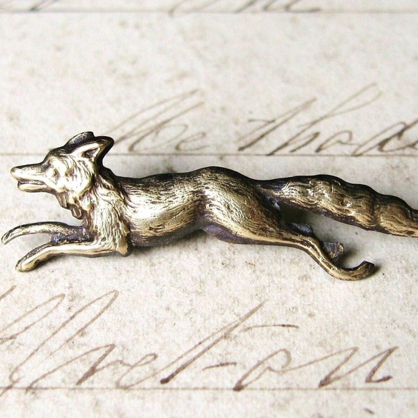 Run Fox Run - Antiqued Brass Running Fox Brooch, Lapel Pin or Tie Tack Tie Pin with Gift Box