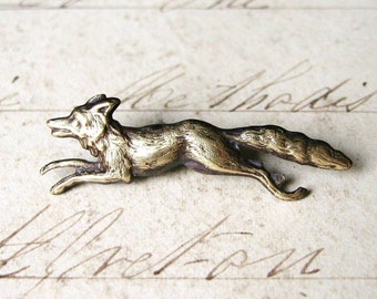 Run Fox Run - Antiqued Brass Running Fox Brooch, Lapel Pin or Tie Tack Tie Pin with Gift Box