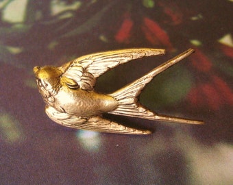 Gold Swallow - Antiqued Gold Plated Bird Brooch, Lapel Pin or Tie Pin, Tie Tack with Gift Box