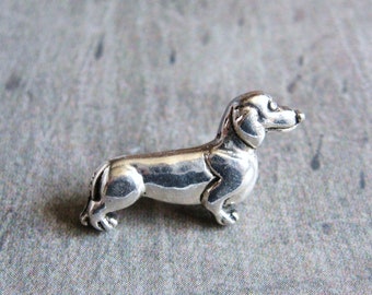 Dachshund - Tiny Antiqued Silver Plated Dachshund, Dashound or Wiener Dog Brooch, Lapel Pin or Tie Pin, Tie Tack with Gift Box, Gift for Dad