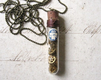 The Horologist - Antique Glass Vial Pendant Necklace with Genuine Watch Parts, Gift Box