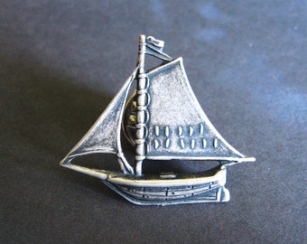 Sailing By - Antiqued Silver Plated Yacht Brooch, Lapel Pin or Tie Pin, Tie Tack with Gift Box, Gift for Dad