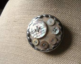 Catching The Light - Hand Soldered Brooch with Vintage Shell Buttons and Vintage Glass, with Gift Box