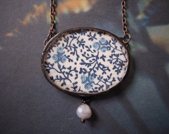 Blue Ditsy - Vintage Ditsy Blue and Cream Fabric and Freshwater Pearl, Hand Soldered Copper Necklace with Gift Box