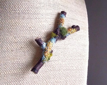 Handmade Twig Stick Pin Lapel Pin - Hand Embroidered with Moss and Lichen, Textile Art Pin (yellow)