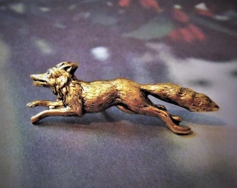 Larger Run Fox Run - Antiqued Gold Plated Fox Brooch, Lapel Pin or Tie Pin with Gift Box