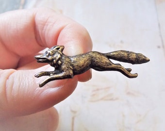 Larger Run Fox Run - Antiqued Brass Running Fox Brooch, Lapel Pin or Tie Tack Tie Pin with Gift Box