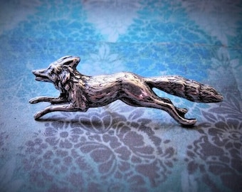 Larger Run Fox Run - Antiqued Silver Plated Fox Brooch, Lapel Pin or Tie Pin, Tie Tack with Gift Box
