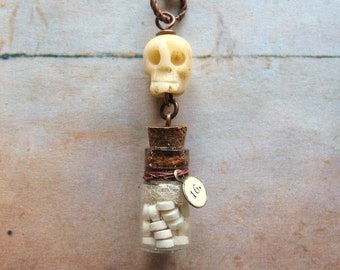 Medicine Bottle Necklace - Handmade Unisex Copper Chain Necklace with Bottle and Bone Skull Bead with Gift Box