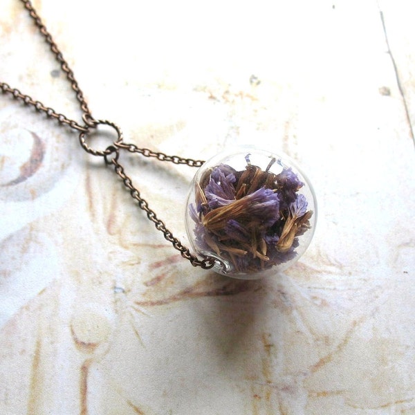 Purple Globe - Handblown Glass Bead, Dried Statice Flowers and Copper Chain Necklace