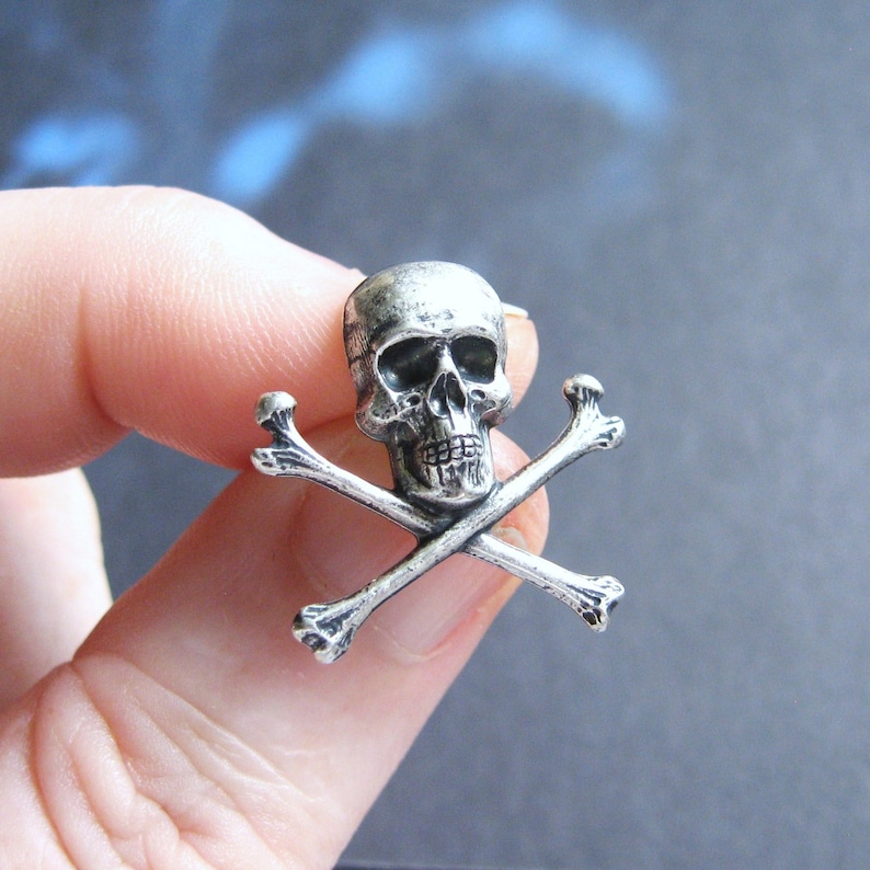 Antiqued Silver Plated Skull and Crossbones Lapel Pin or Tie Pin, Tie Tack, Goth Brooch with Gift Box, Gift for Dad image 2