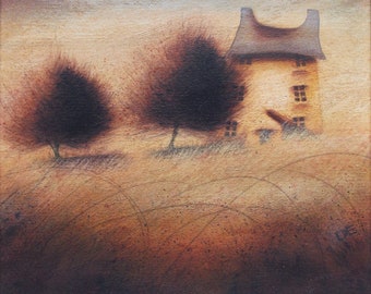 Sheltered - Framed Original Acrylic Landscape, House, Cottage, Tree Painting, Frame Size 23.5cms