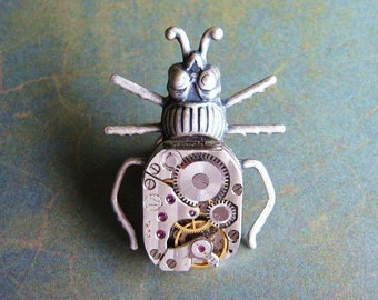 Clockwork Beetle - Oxidized Silver Plated Steampunk Bug Beetle Brooch, Tie Pin Tie Tack or Lapel Pin with Gift Box, Gift for Dad