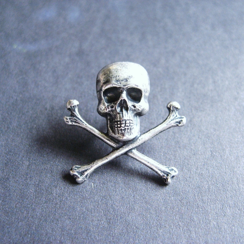 Antiqued Silver Plated Skull and Crossbones Lapel Pin or Tie Pin, Tie Tack, Goth Brooch with Gift Box, Gift for Dad image 1