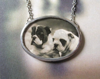 Bulldog Puppies - Vintage Photograph, Vintage Glass Hand Soldered Silver Tone Necklace with Gift Box