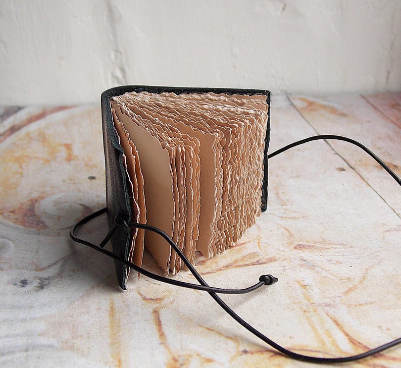 May include: A small, black leather-bound journal with a brown paper interior and a black cord closure. The journal is open and the pages are fanned out.
