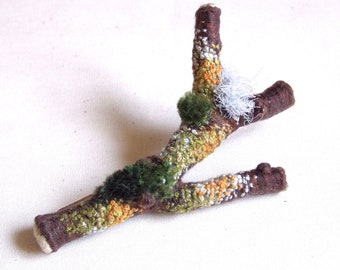 Handmade Twig Stick Pin Lapel Pin - Hand Embroidered with Moss and Lichen, Textile Art Pin (organdie)