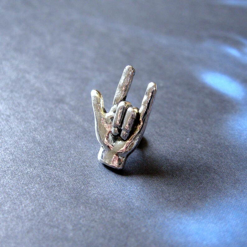 Antiqued Silver Plated I Love You Hand Sign Tie Pin - Lapel Pin image 2