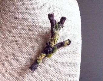 Handmade Twig Stick Pin Lapel Pin - Hand Embroidered with Moss and Lichen, Textile Art Pin (green)