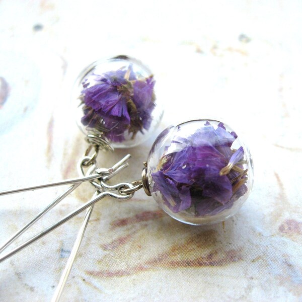 Purple Petals - Antique Silver Tone and Dried Statice Flower Hand Blown Glass Orb Earrings with Gift Box