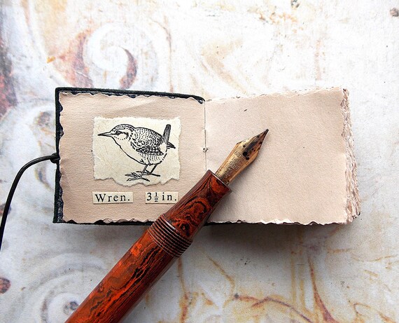Miniature Handbound Journal: Vintage Bird Illustrations, Reclaimed Leather