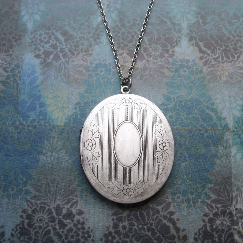 Large Vintage Style Antiqued Silver Locket Long Elegant Handmade Necklace with Gift Box Victorian Keepsake
