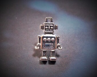 Robot 2 - Tiny Antiqued Silver Plated Robot Lapel Pin or Tie Pin, Tie Tack with Gift Box, Gift for Dad