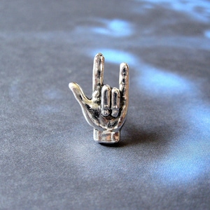 Antiqued Silver Plated I Love You Hand Sign Tie Pin - Lapel Pin image 1