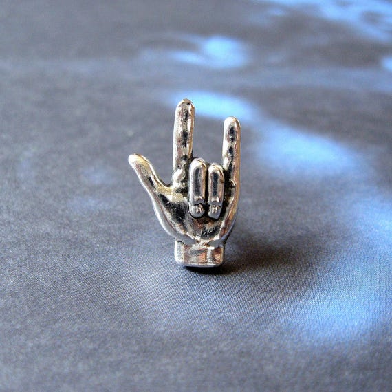 Antiqued Silver Plated I Love You Hand Sign Tie Pin - Lapel Pin