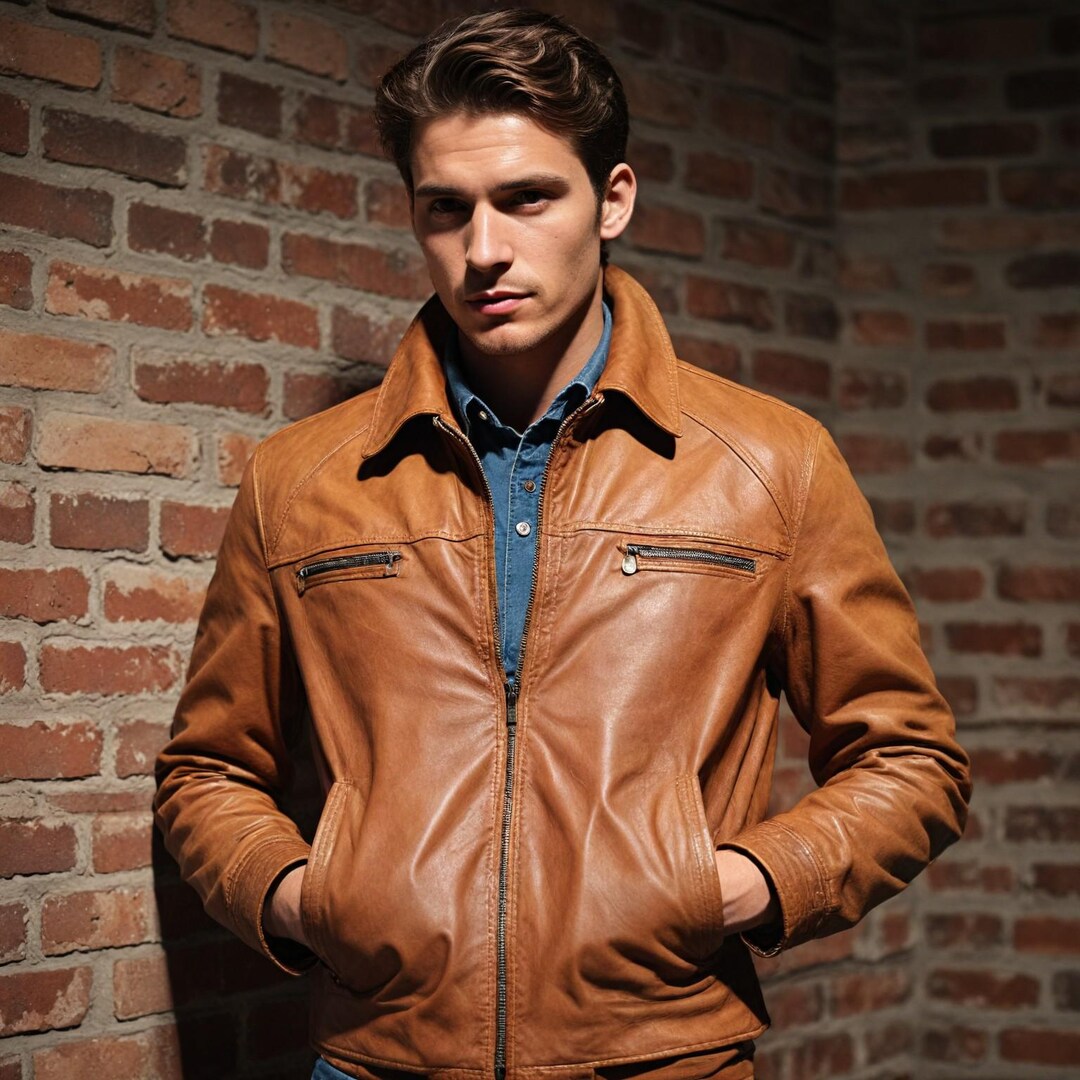 Men's Tan Leather Jacket , Genuine Leather Winter Jacket, Zipped Bomber ...